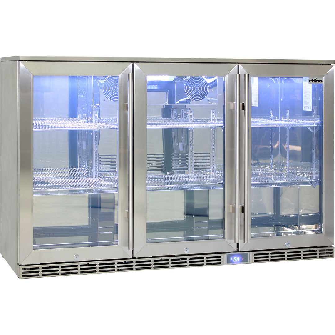 Rhino GSP3H-SS - Glass 3 Door Alfresco Outdoor Bar Fridge All Stainless Energy Efficient Alfresco 330L