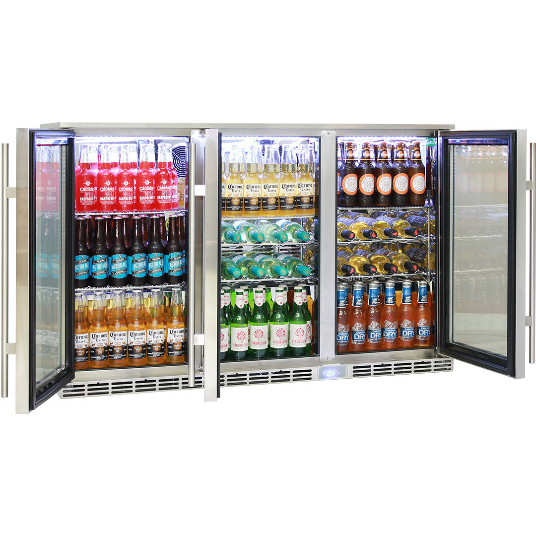 Rhino GSP3H-SS - Glass 3 Door Alfresco Outdoor Bar Fridge All Stainless Energy Efficient Alfresco 330L