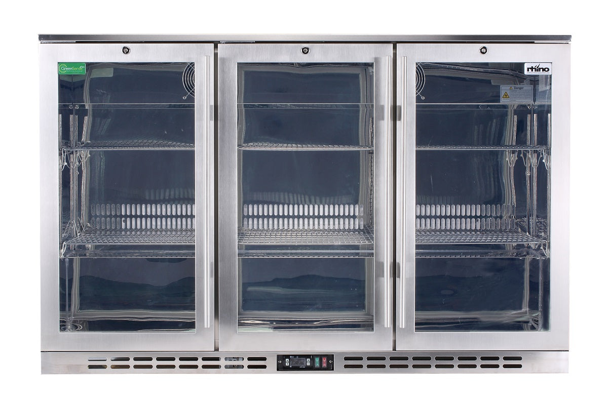 Rhino 330L Heated Glass Stainless Steel 3 Door Bar Fridge - King's Choice Winner - SG3H-HD