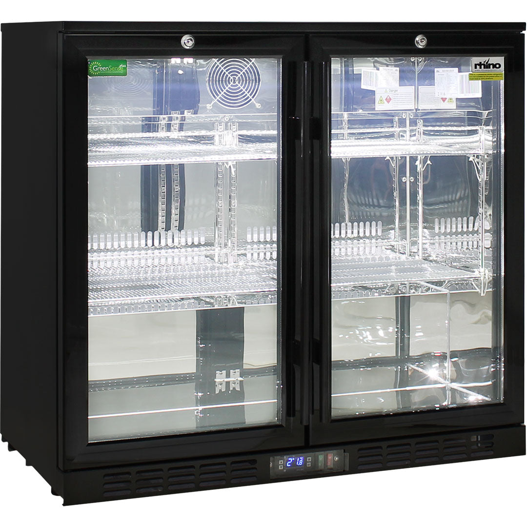 Rhino SG2H-BQ - Commercial Under Bench Quiet Running Black Glass Double Door Bar Fridge Energy Efficient