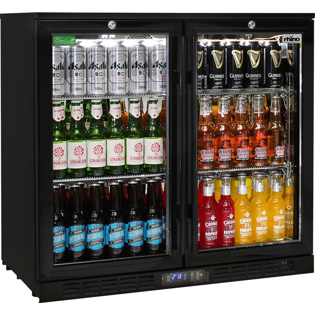 Rhino SG2H-B-HD - Commercial Under Bench Black Heated Glass Double Door Bar Fridge