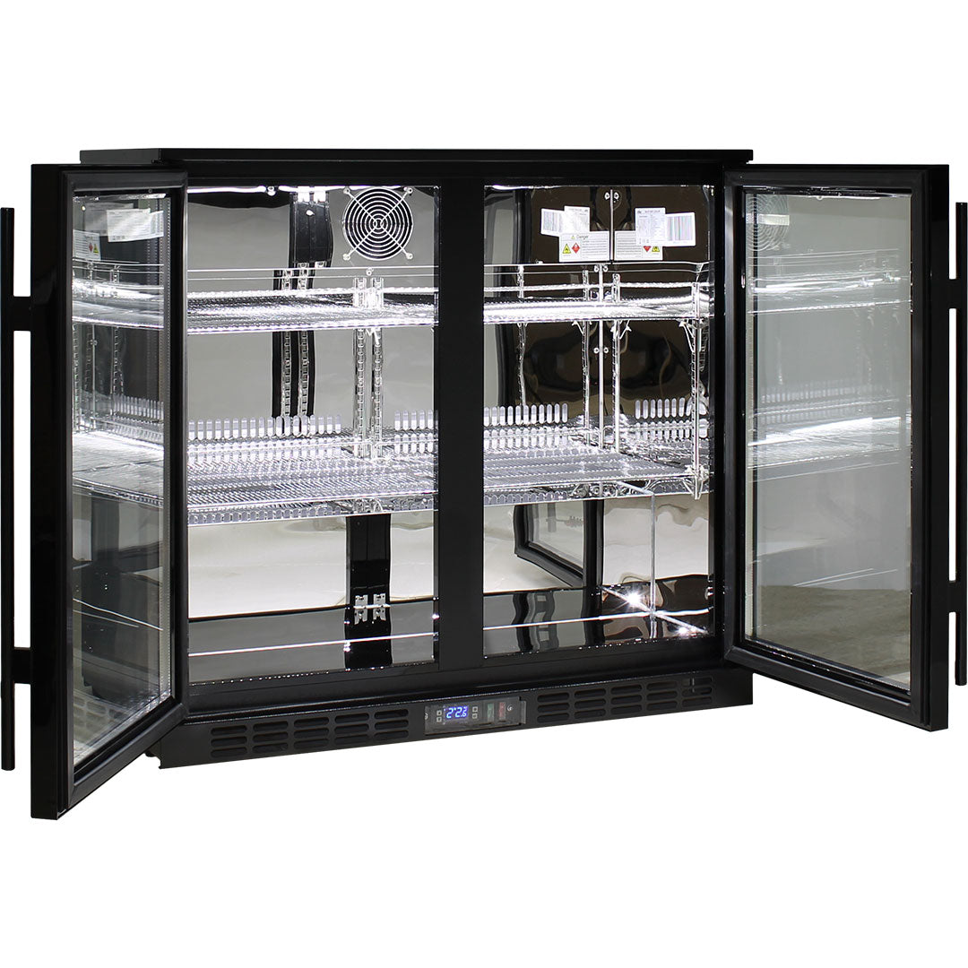 Rhino SG2H-BQ-HD - Quiet Running Under Bench Black Heated Glass Double Door Bar Fridge