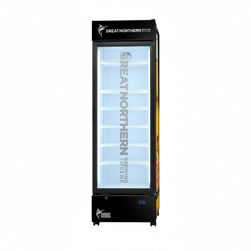 Great Northern Upright Quiet Running Black Glass Door Bar Fridge - Model SC372LB-GNBC-CRISP lifestyle image
