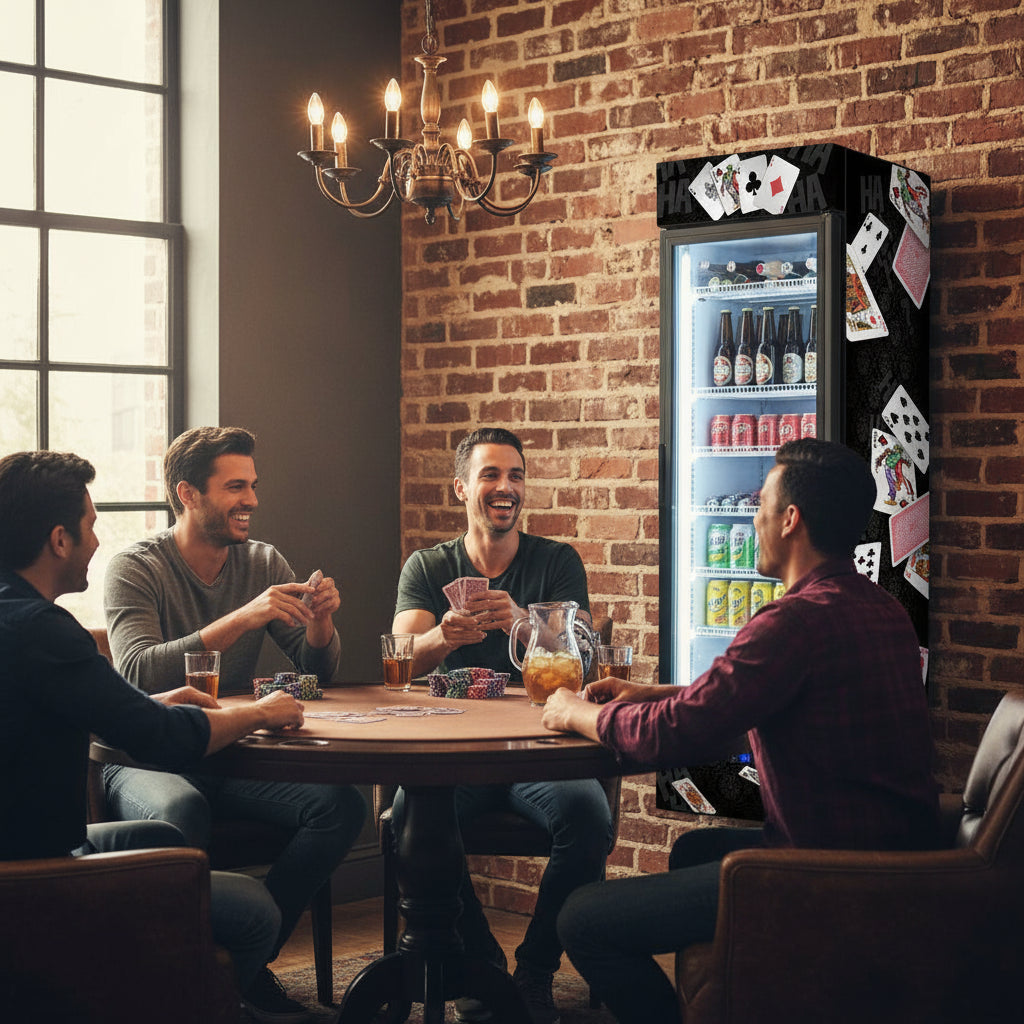 Branded Upright Quiet Running Black Glass Door Bar Fridge, with 'Joker' Playing Card Design - Model SC372B-JOKER lifestyle image