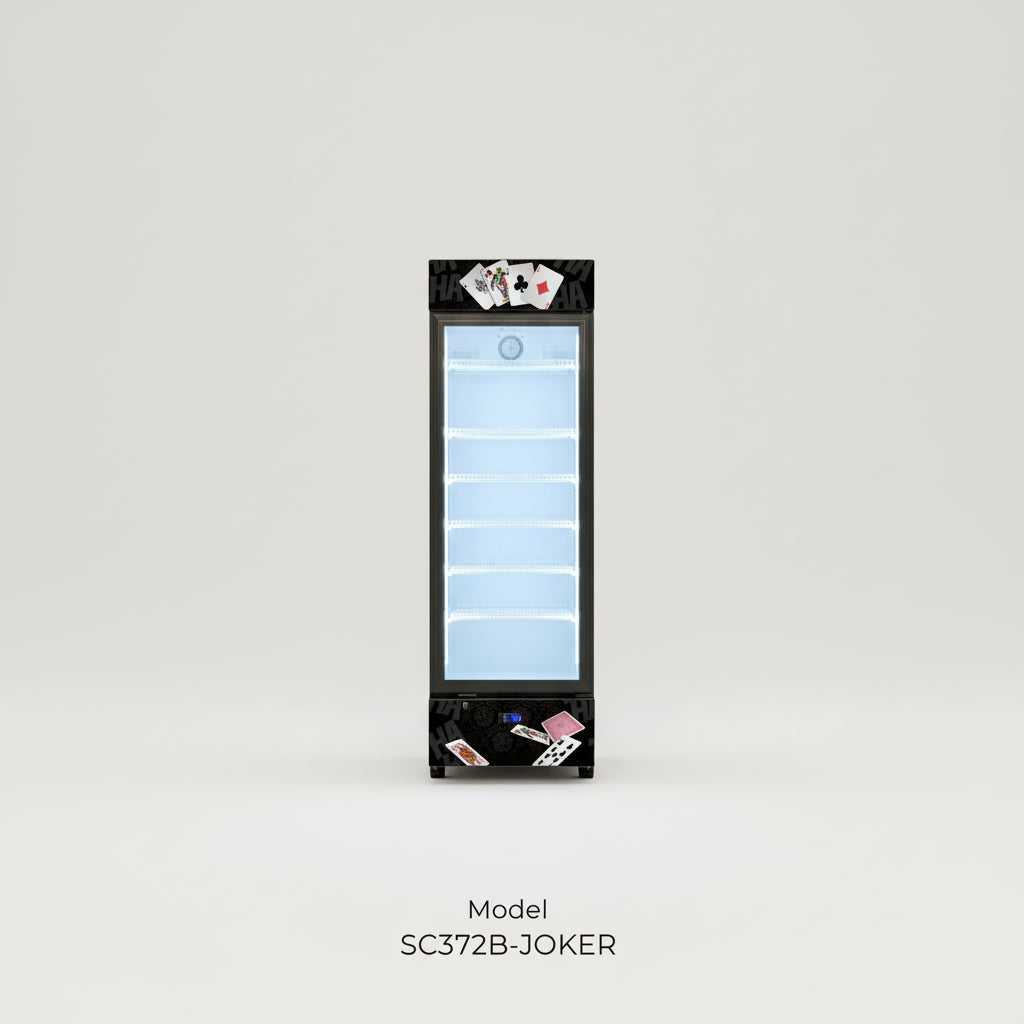 Branded Upright Quiet Running Black Glass Door Bar Fridge, with 'Joker' Playing Card Design - Model SC372B-JOKER lifestyle image