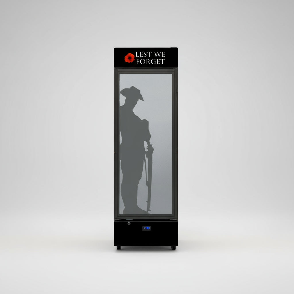 Lest We Forget Upright Quiet Running Black Glass Door Bar Fridge - Model SC372B-LWF lifestyle image