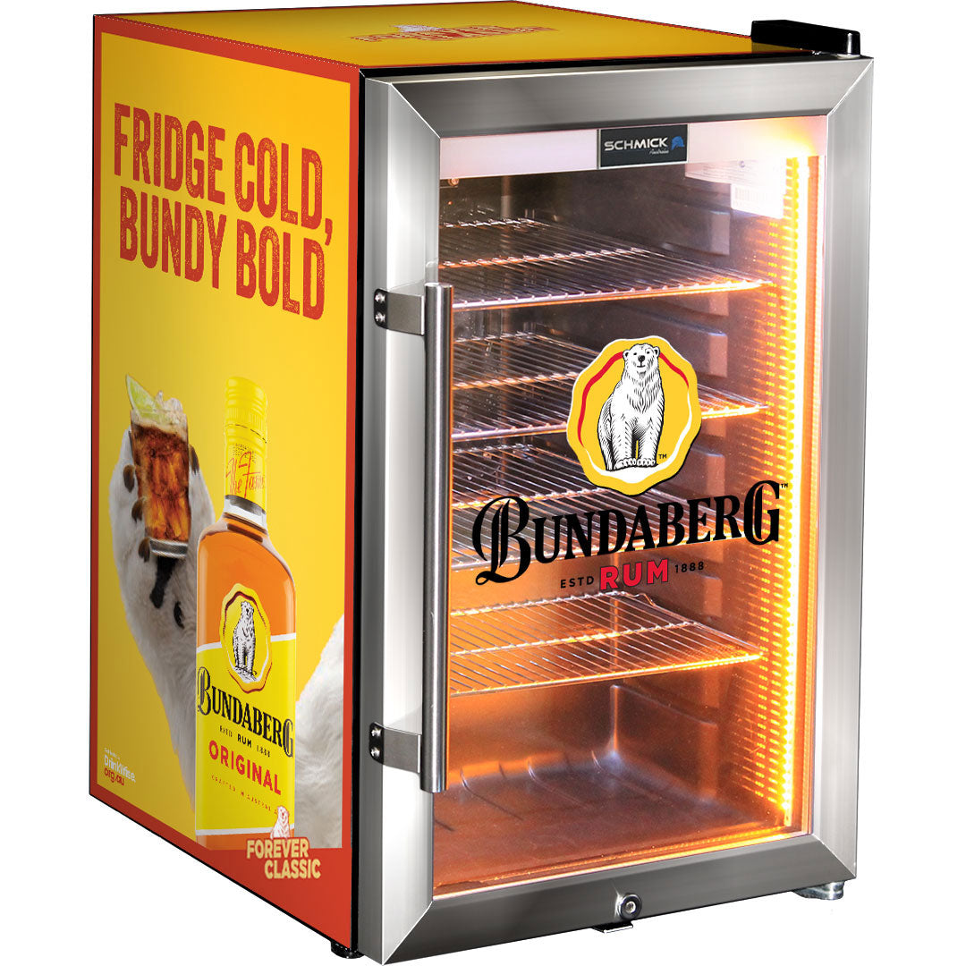 Bundy Branded - 6 Designs to choose from! - Triple Glazed Glass Door Bar Fridge With Bundy Branding -  Model SC70-SS-1