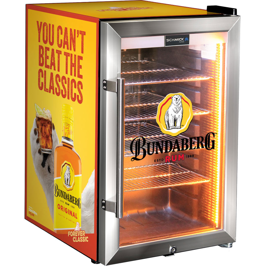 Bundy Branded - 6 Designs to choose from! - Triple Glazed Glass Door Bar Fridge With Bundy Branding -  Model SC70-SS-1