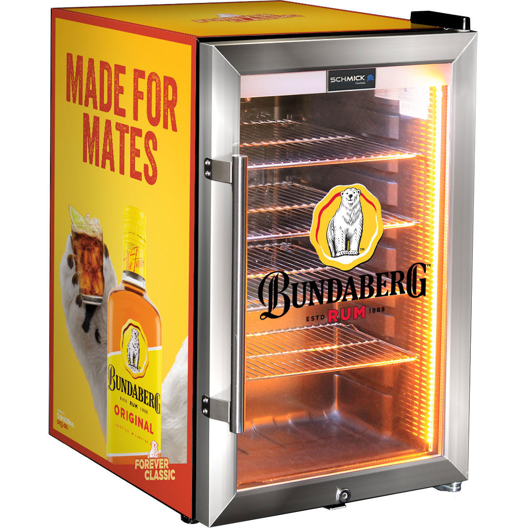 Bundy Branded - 6 Designs to choose from! - Triple Glazed Glass Door Bar Fridge With Bundy Branding -  Model SC70-SS-1