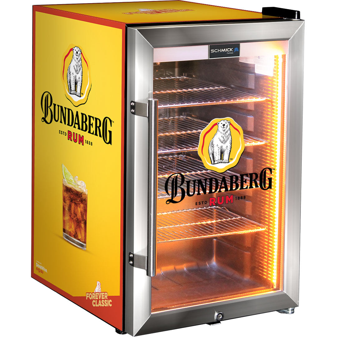 Bundy Branded - 6 Designs to choose from! - Triple Glazed Glass Door Bar Fridge With Bundy Branding -  Model SC70-SS-1