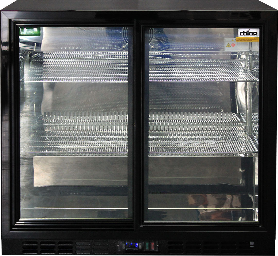 Rhino SG2S-B - Black Glass Sliding Under Bench 2 Door Bar Fridge Energy Efficient LG Compressor