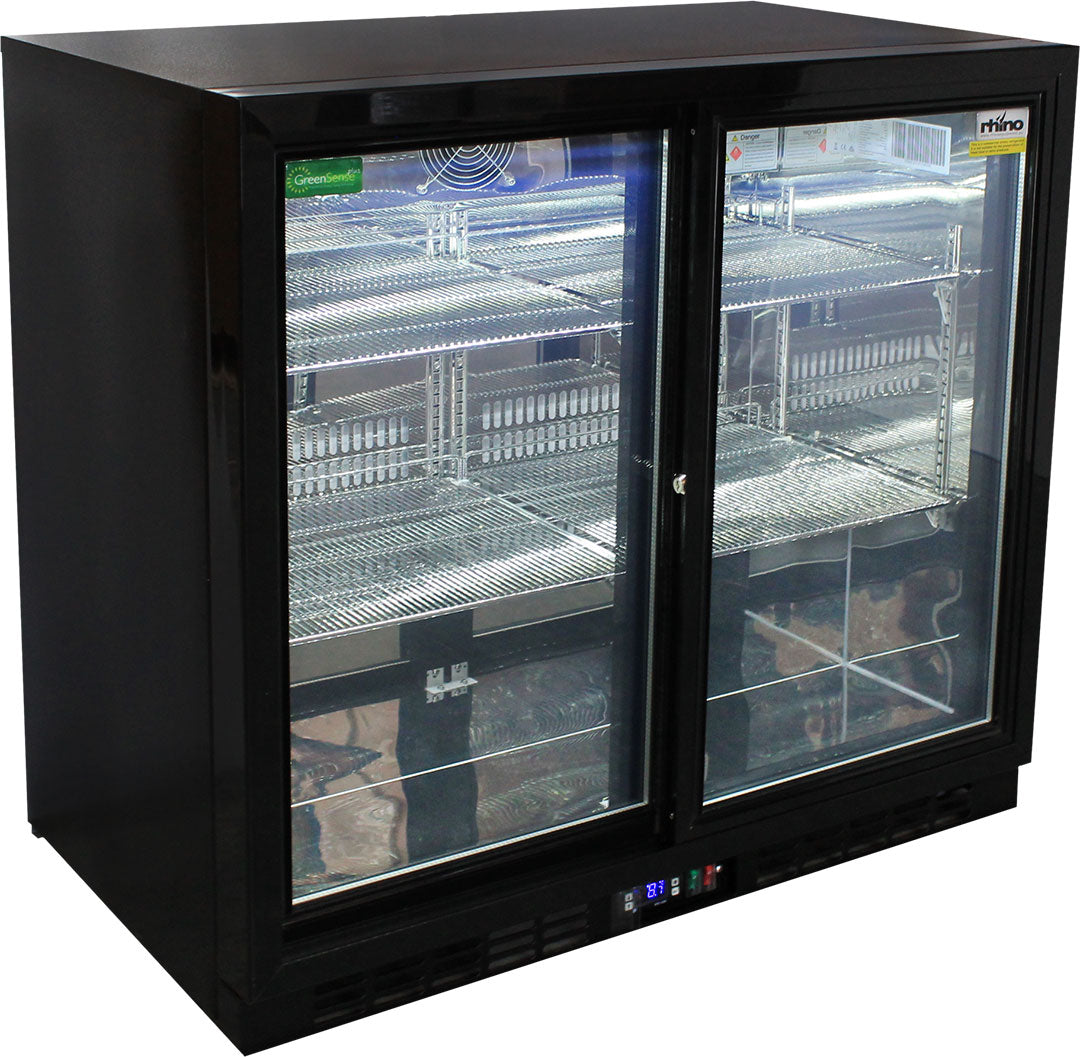 Rhino SG2S-B - Black Glass Sliding Under Bench 2 Door Bar Fridge Energy Efficient LG Compressor