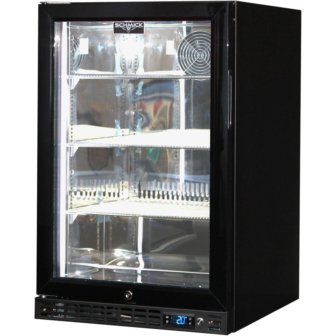 Schmick SK116L-B - Black Quiet Running Front Venting Under Bench Glass Door Bar Fridge