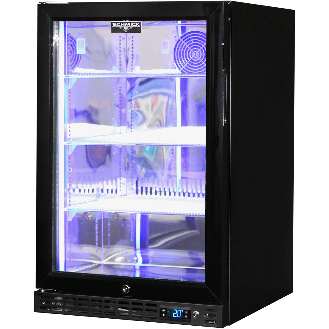 Schmick SK116L-B - Black Quiet Running Front Venting Under Bench Glass Door Bar Fridge