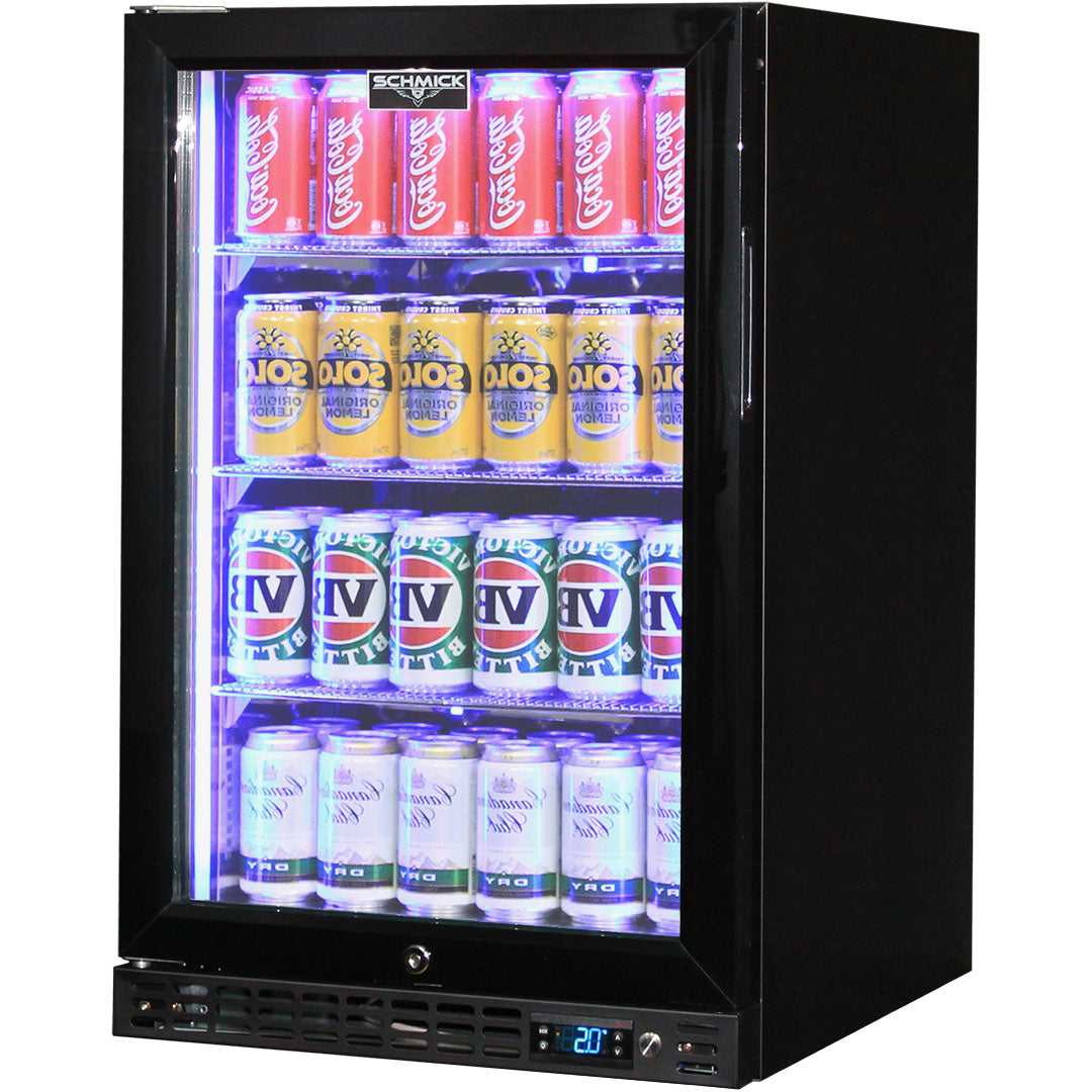 Schmick SK116L-B - Black Quiet Running Front Venting Under Bench Glass Door Bar Fridge