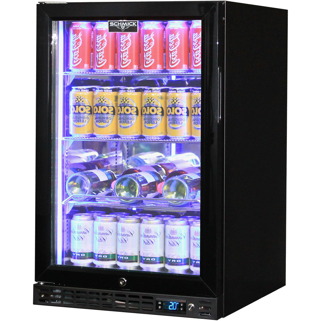 Schmick SK116L-B - Black Quiet Running Front Venting Under Bench Glass Door Bar Fridge