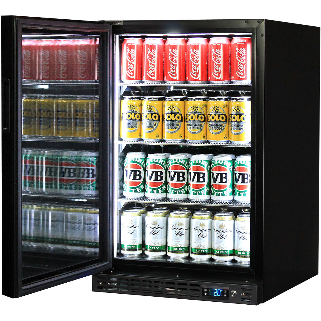 Schmick SK116L-B - Black Quiet Running Front Venting Under Bench Glass Door Bar Fridge