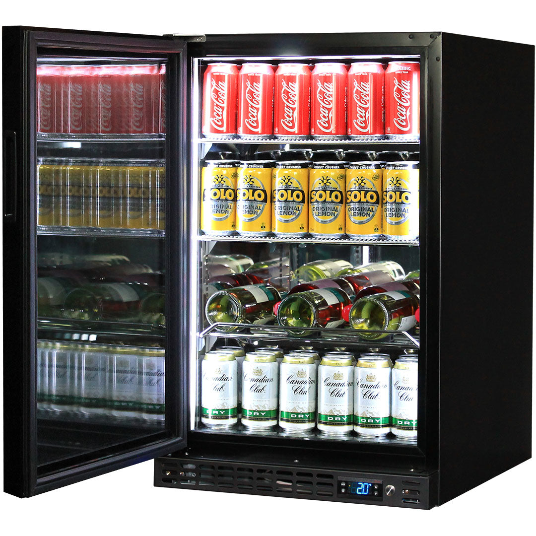 Schmick SK116L-B - Black Quiet Running Front Venting Under Bench Glass Door Bar Fridge