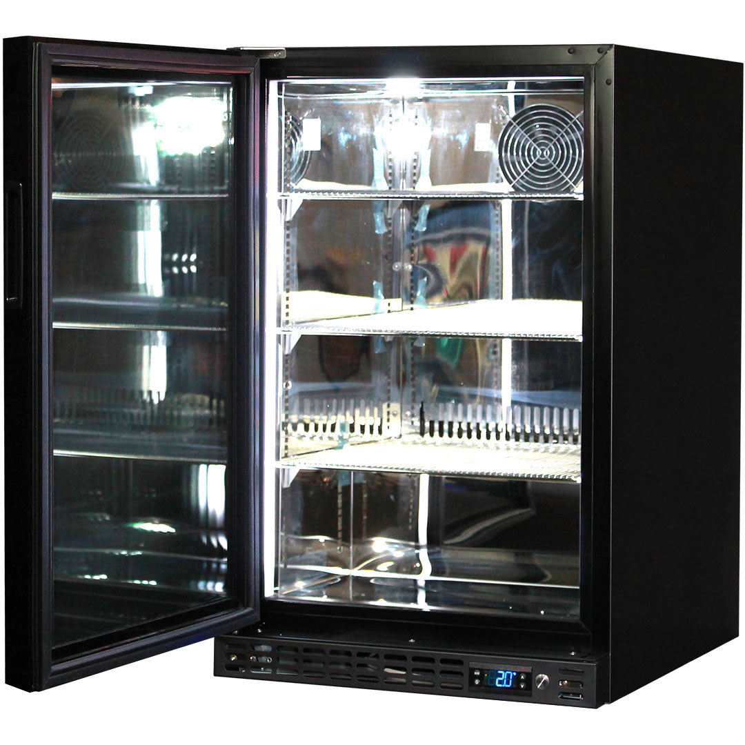 Schmick SK116L-B - Black Quiet Running Front Venting Under Bench Glass Door Bar Fridge