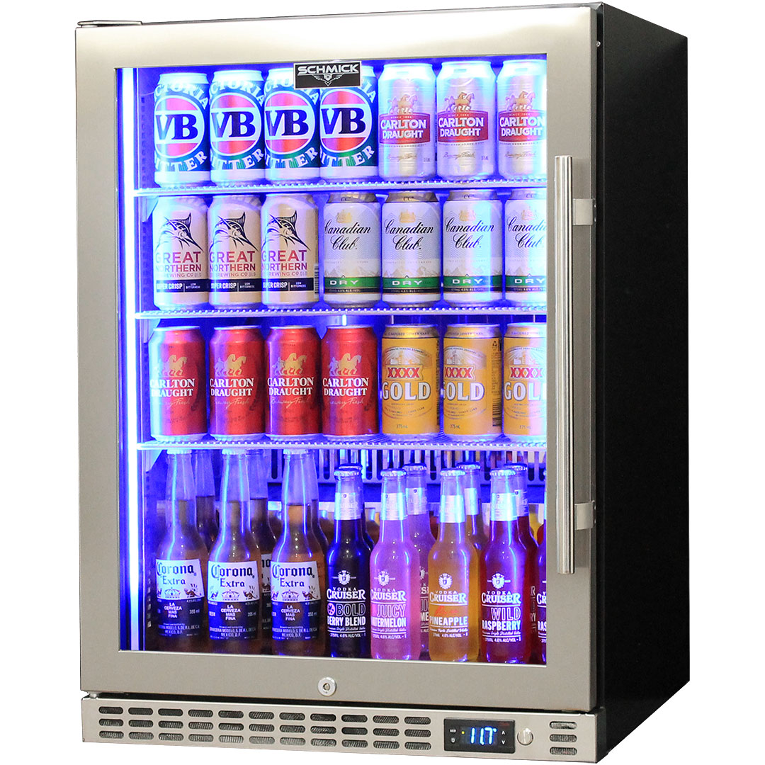 Schmick SK156L-SS - Quiet Running Front Venting Under Bench Triple Glazed Glass Door Bar Fridge