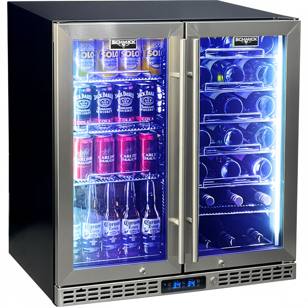 Schmick Under Bench  Beer And Wine Dual Zone Stainless Steel Heated Glass Bar Fridge - Model SK198D-HD