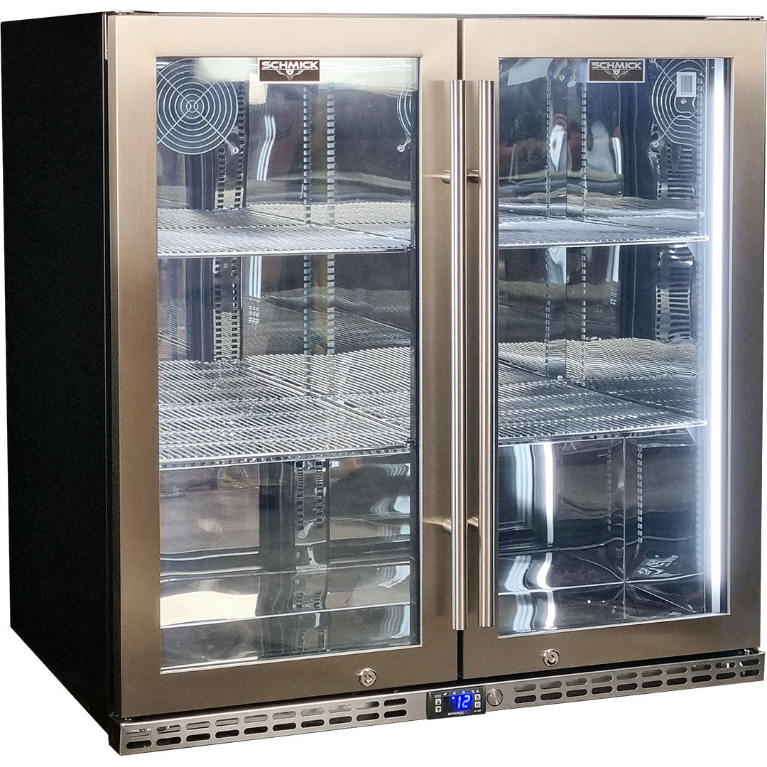 Schmick SK245-SS – Quiet Running Front Venting Under Bench Double Glass Door Bar Fridge – 245 Litres
