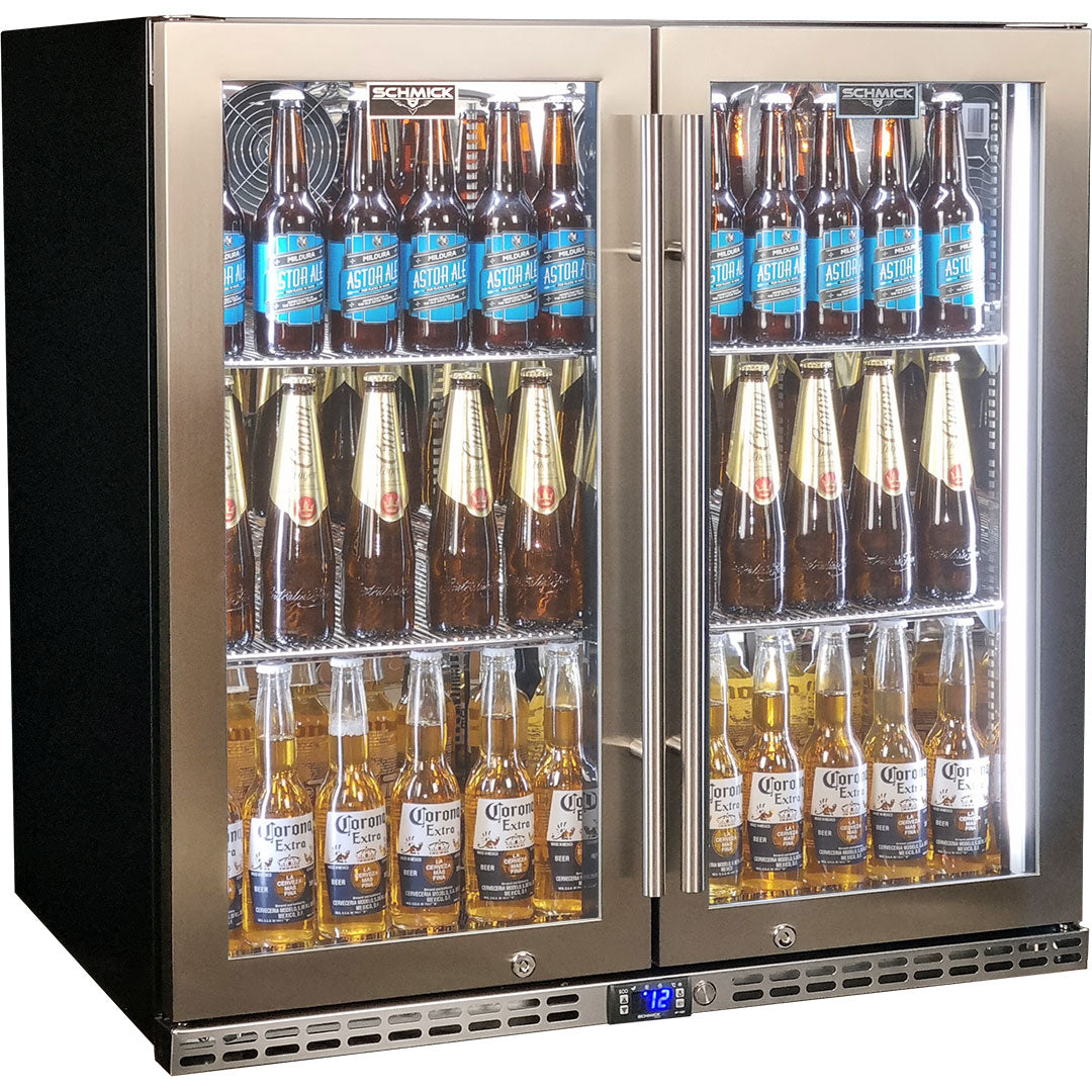 Schmick SK245-HD - Quiet Running Front Venting Under Bench Heated Glass 2 Door Bar Fridge