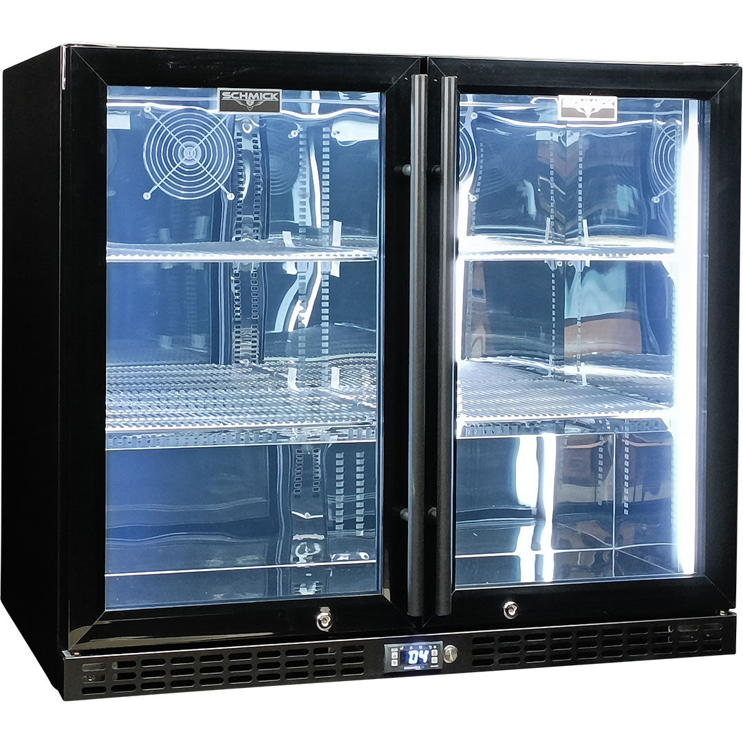 Schmick SK206-B - Twin Door Quiet Running Black Triple Glazed Glass Door Bar Fridge - Low Height Refrigerator