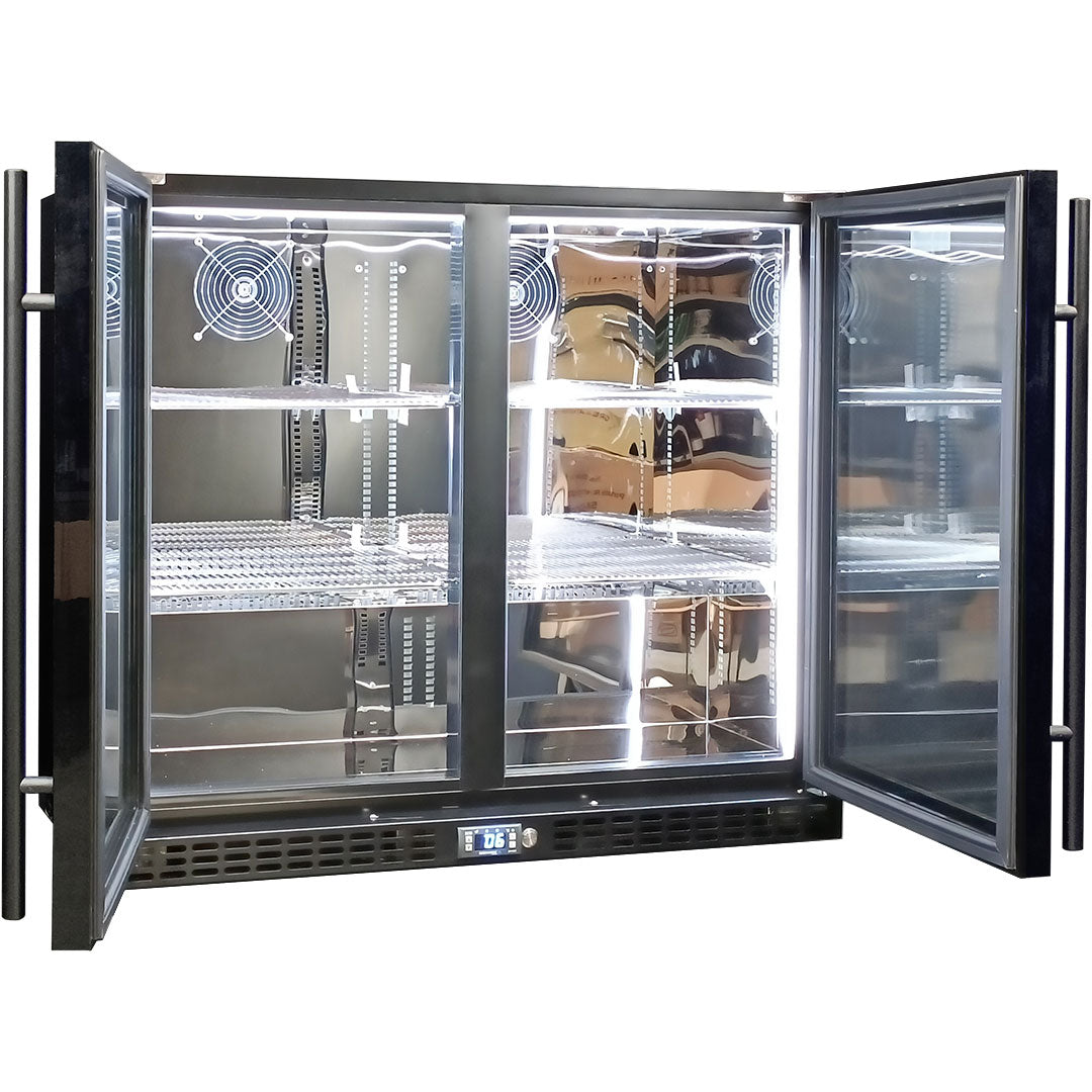 Schmick SK206-B - Twin Door Quiet Running Black Triple Glazed Glass Door Bar Fridge - Low Height Refrigerator