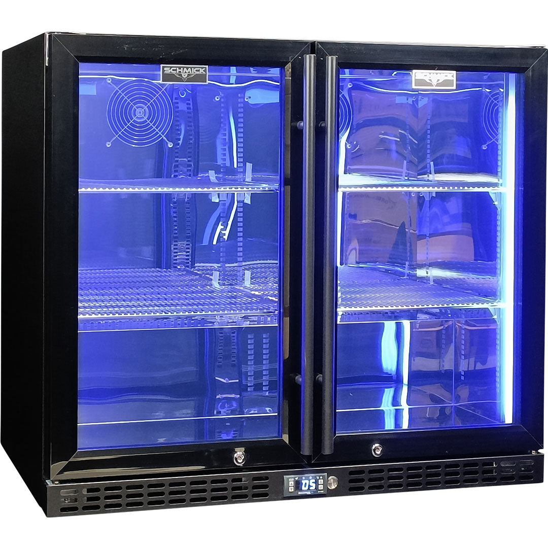 Schmick SK206-B - Twin Door Quiet Running Black Triple Glazed Glass Door Bar Fridge - Low Height Refrigerator