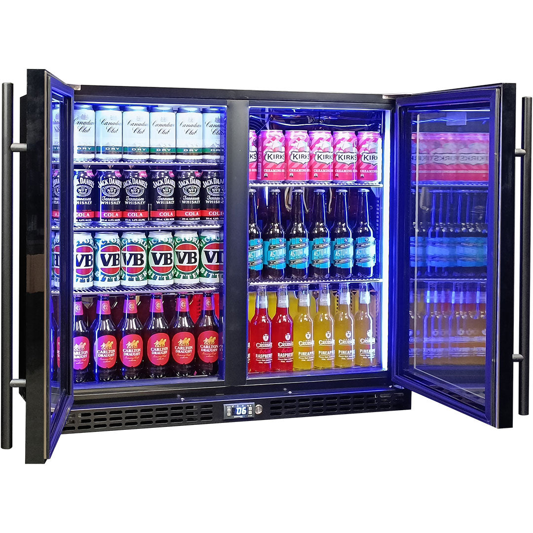 Schmick SK206-B - Twin Door Quiet Running Black Triple Glazed Glass Door Bar Fridge - Low Height Refrigerator