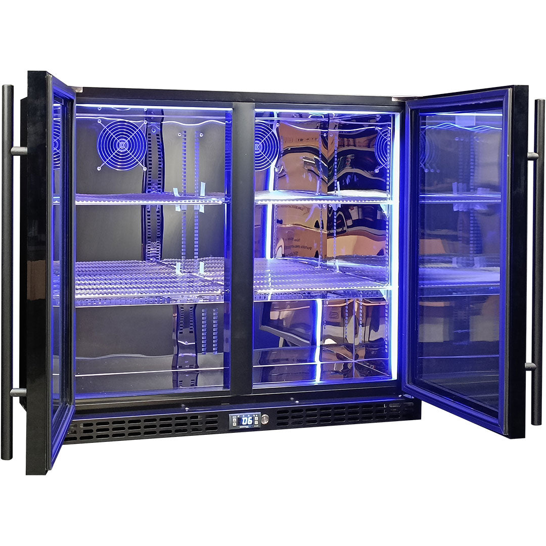 Schmick SK206-B - Twin Door Quiet Running Black Triple Glazed Glass Door Bar Fridge - Low Height Refrigerator