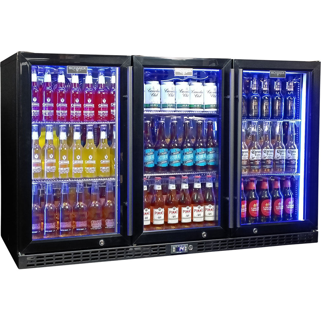 Schmick SK386-B - 3 Door Quiet Running Triple Glazed Black Glass Door Bar Fridge