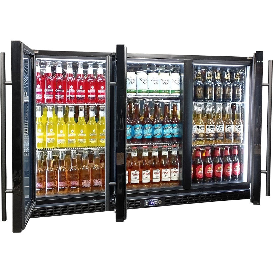 Schmick SK386-B - 3 Door Quiet Running Triple Glazed Black Glass Door Bar Fridge