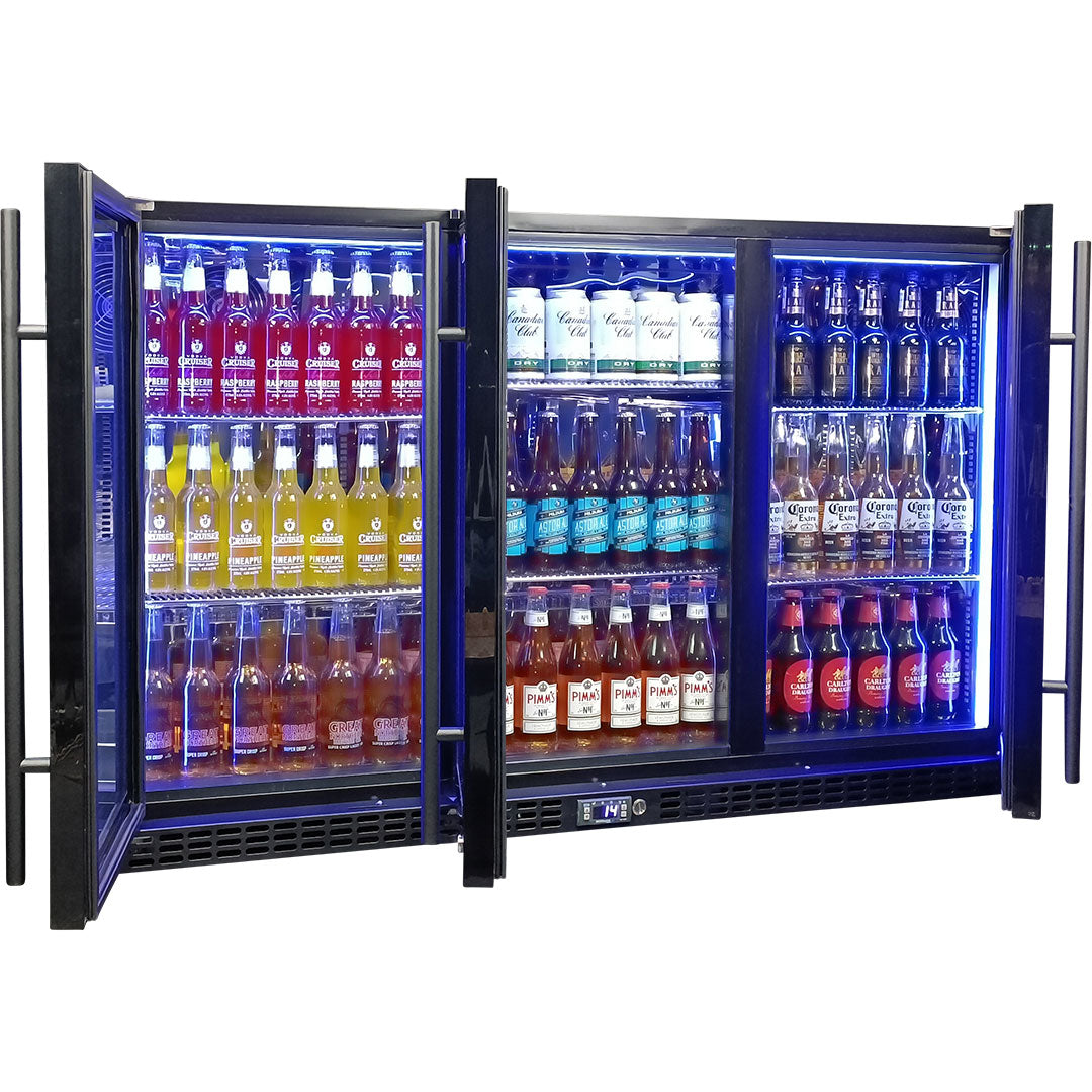 Schmick SK386-B - 3 Door Quiet Running Triple Glazed Black Glass Door Bar Fridge