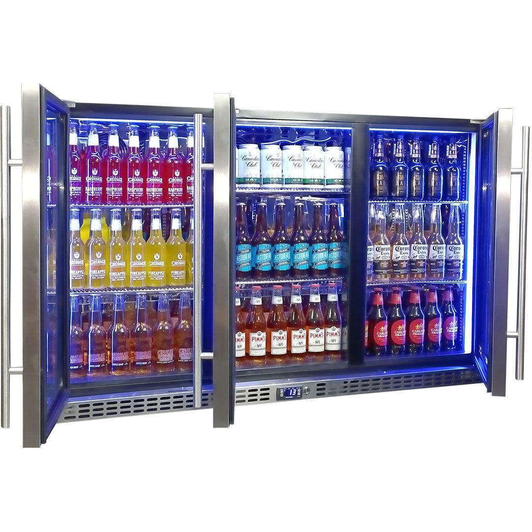 Schmick SK386-HD - Stainless Steel 3 Door Quiet Running Heated Glass Door Bar Fridge