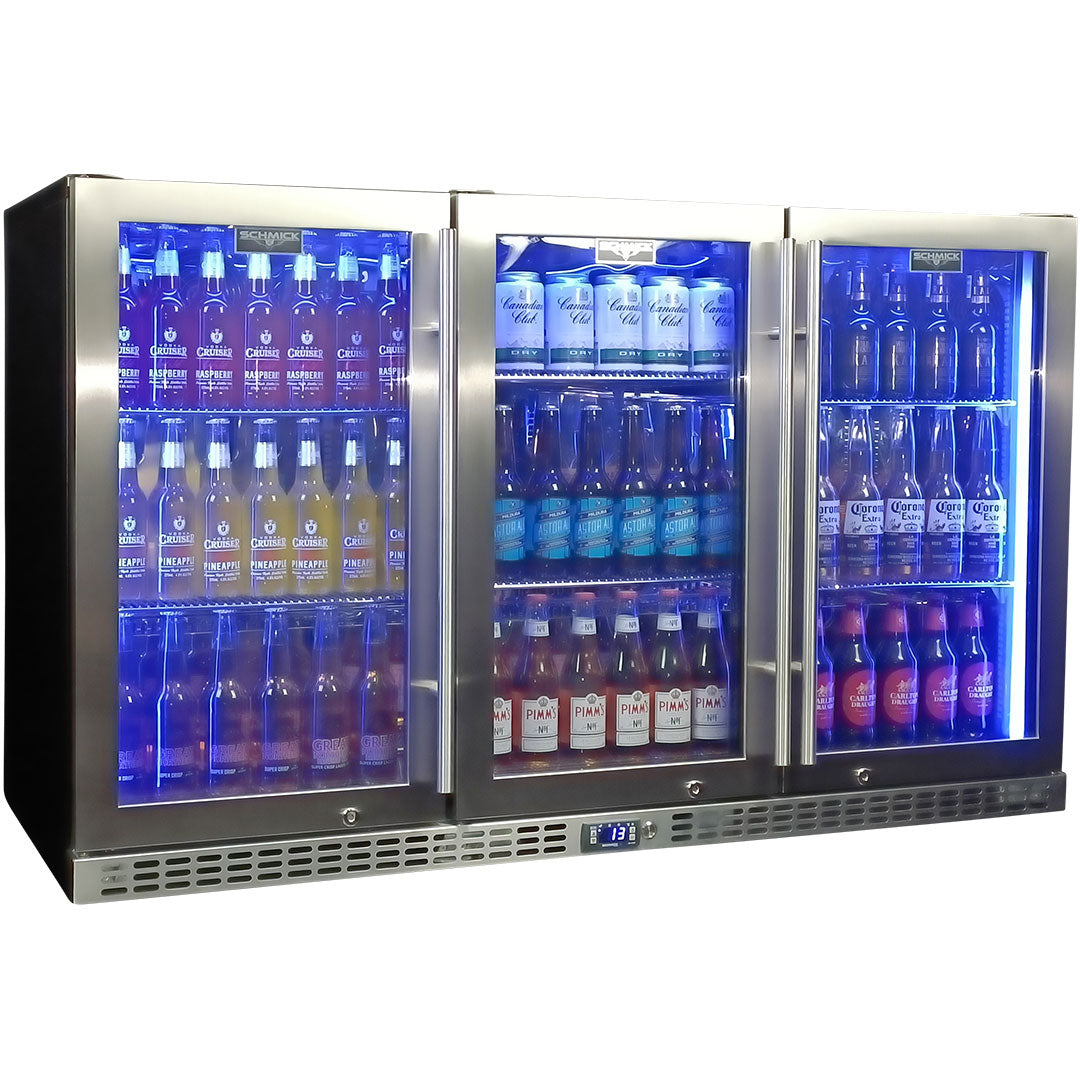 Schmick SK386-HD - Stainless Steel 3 Door Quiet Running Heated Glass Door Bar Fridge