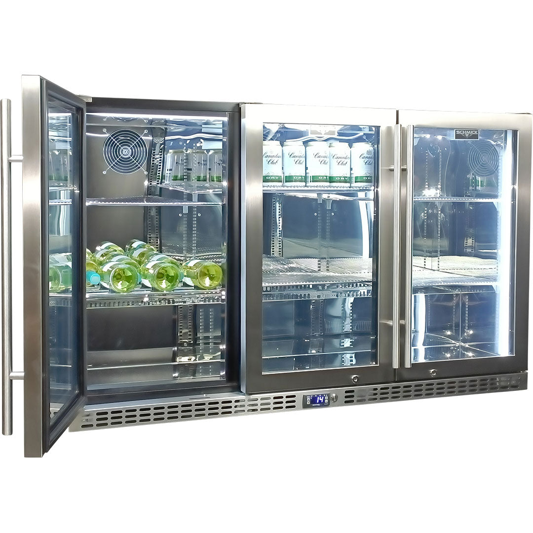 Schmick SK386-HD - Stainless Steel 3 Door Quiet Running Heated Glass Door Bar Fridge