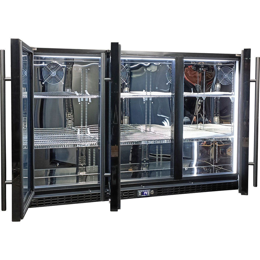 Schmick SK386-B - 3 Door Quiet Running Triple Glazed Black Glass Door Bar Fridge