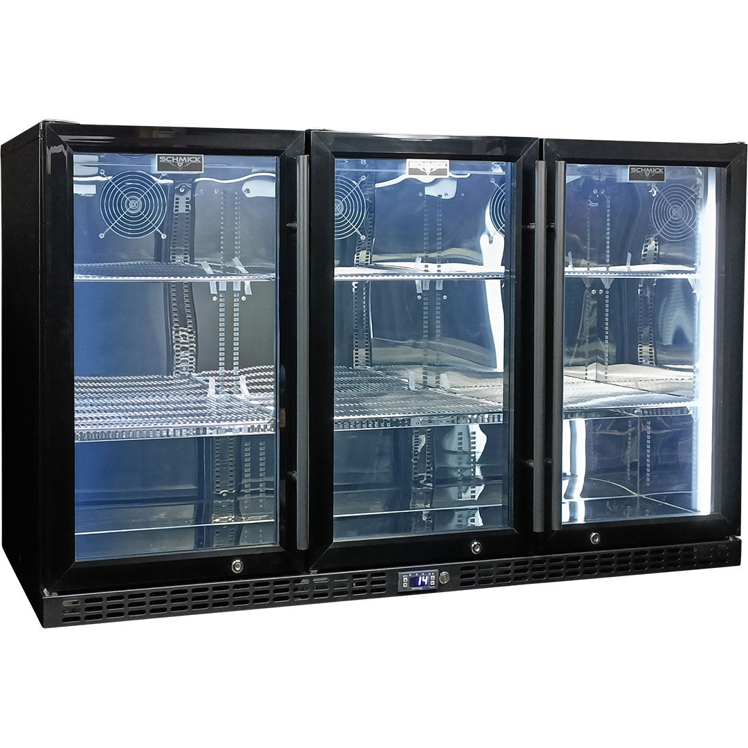 Schmick SK386-B - 3 Door Quiet Running Triple Glazed Black Glass Door Bar Fridge