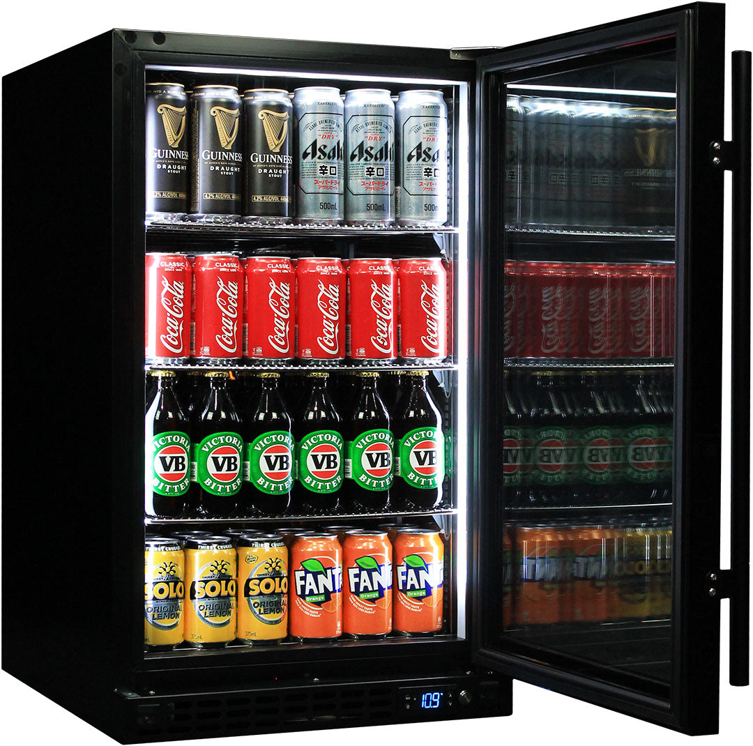 Schmick SK126R-B-HD - Quiet Running Front Venting Under Bench Black Glass Door Bar Fridge Heated Glass