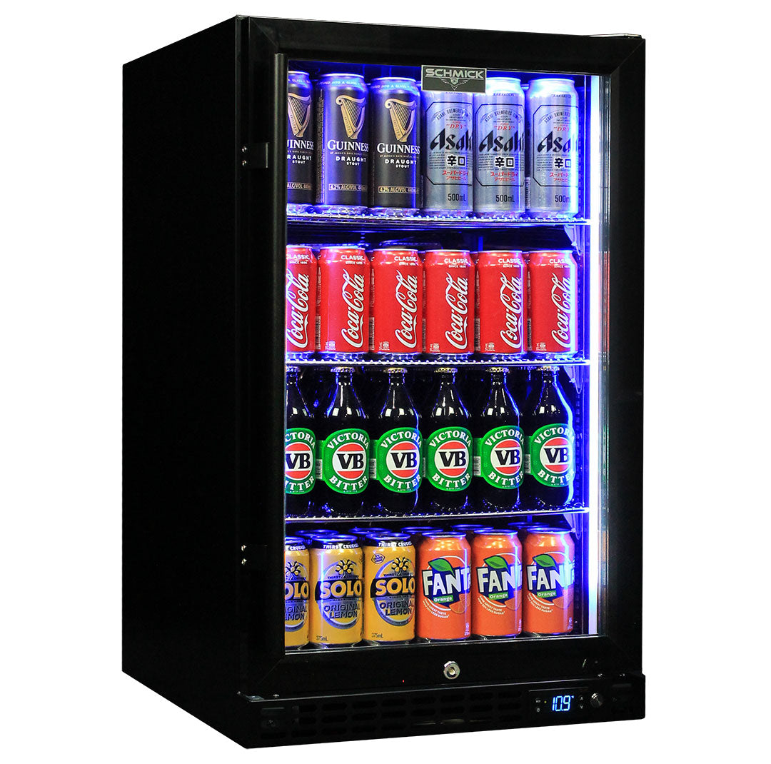 Schmick SK126R-B-HD - Quiet Running Front Venting Under Bench Black Glass Door Bar Fridge Heated Glass