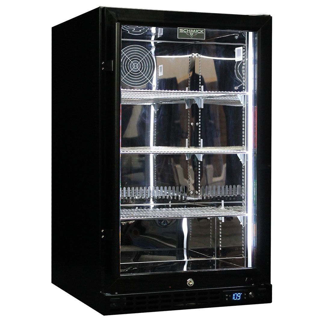 Schmick SK126R-B-HD - Quiet Running Front Venting Under Bench Black Glass Door Bar Fridge Heated Glass