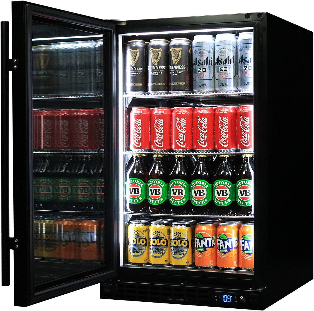 Schmick SK126L-B-HD – Quiet Running Front Venting Under Bench Heated Black Glass Door Bar Fridge – 132 Litres