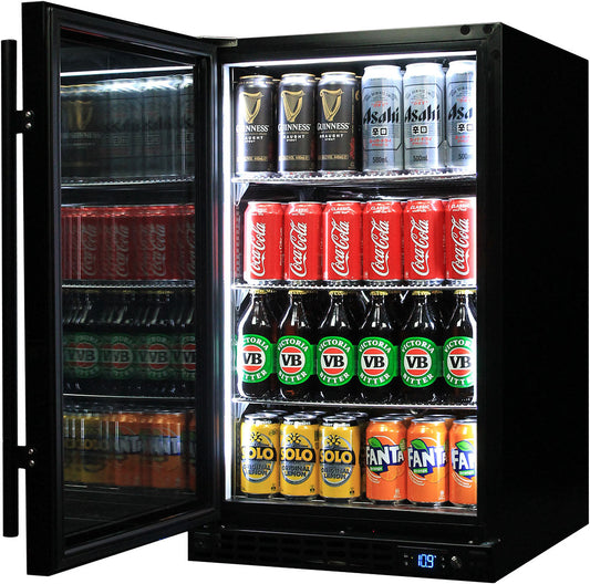 Schmick SK126L-B-HD – Quiet Running Front Venting Under Bench Heated Black Glass Door Bar Fridge – 132 Litres