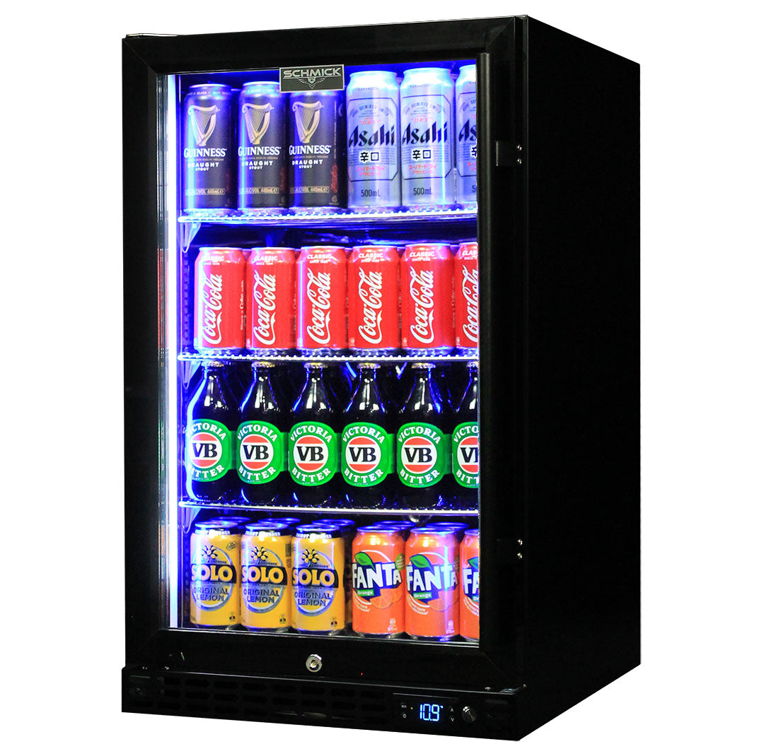 Schmick SK126L-B-HD - Quiet Running Front Venting Under Bench Black Glass Door Bar Fridge Heated Glass