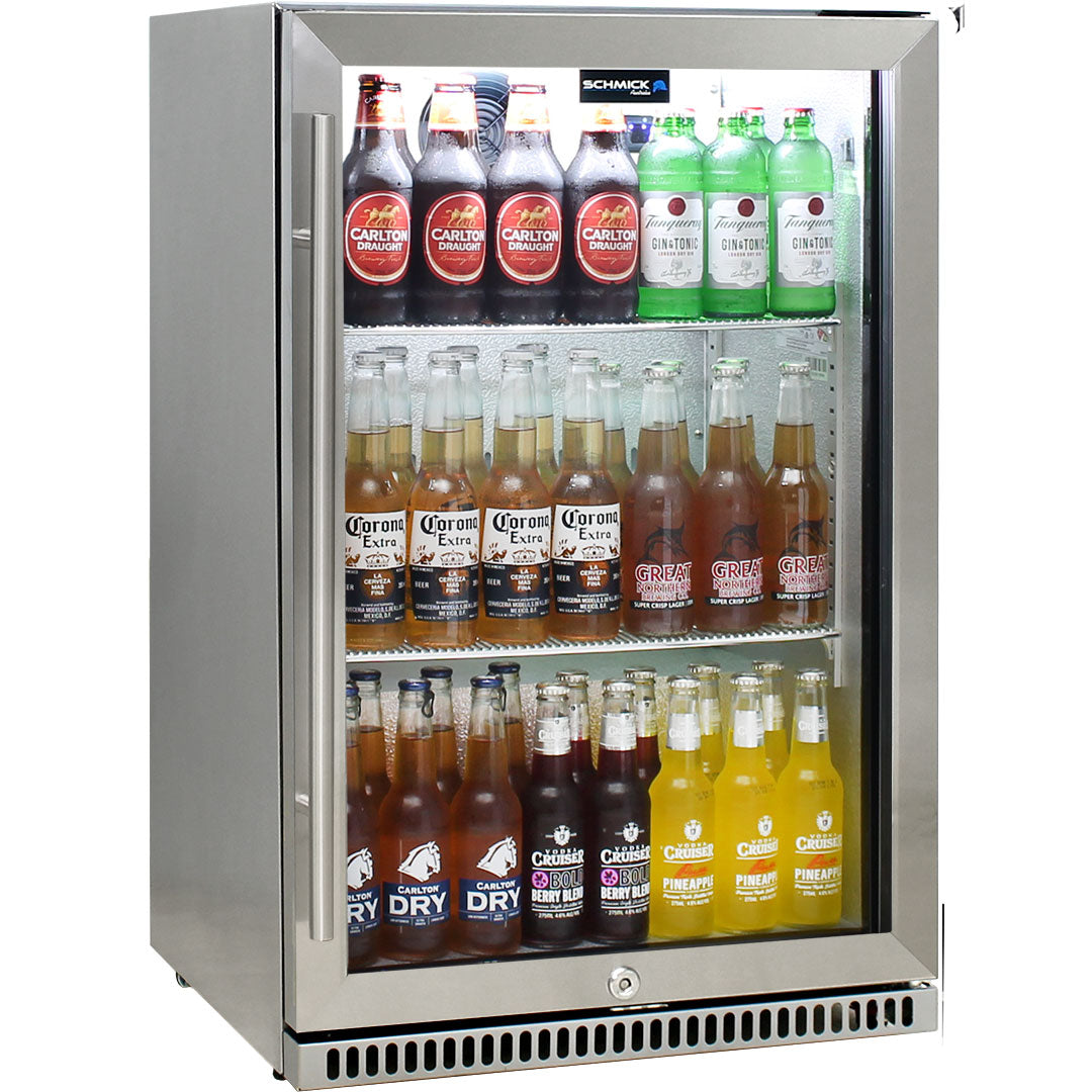 Schmick SK118R-SS – 304 Stainless Steel Tropical Rated Bar Fridge with Heated & Triple Glazed Glass – 118 Litres