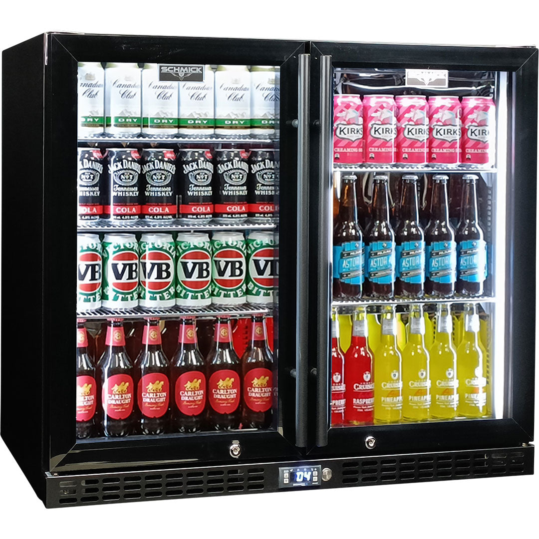 Schmick SK206-B-HD - Twin Door Quiet Running  Black Heated Glass Door Bar Fridge - 233 Litre