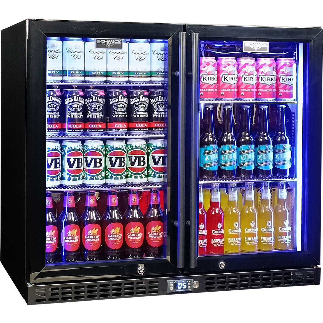 Schmick SK206-B-HD - Twin Door Quiet Running  Black Heated Glass Door Bar Fridge - 233 Litre