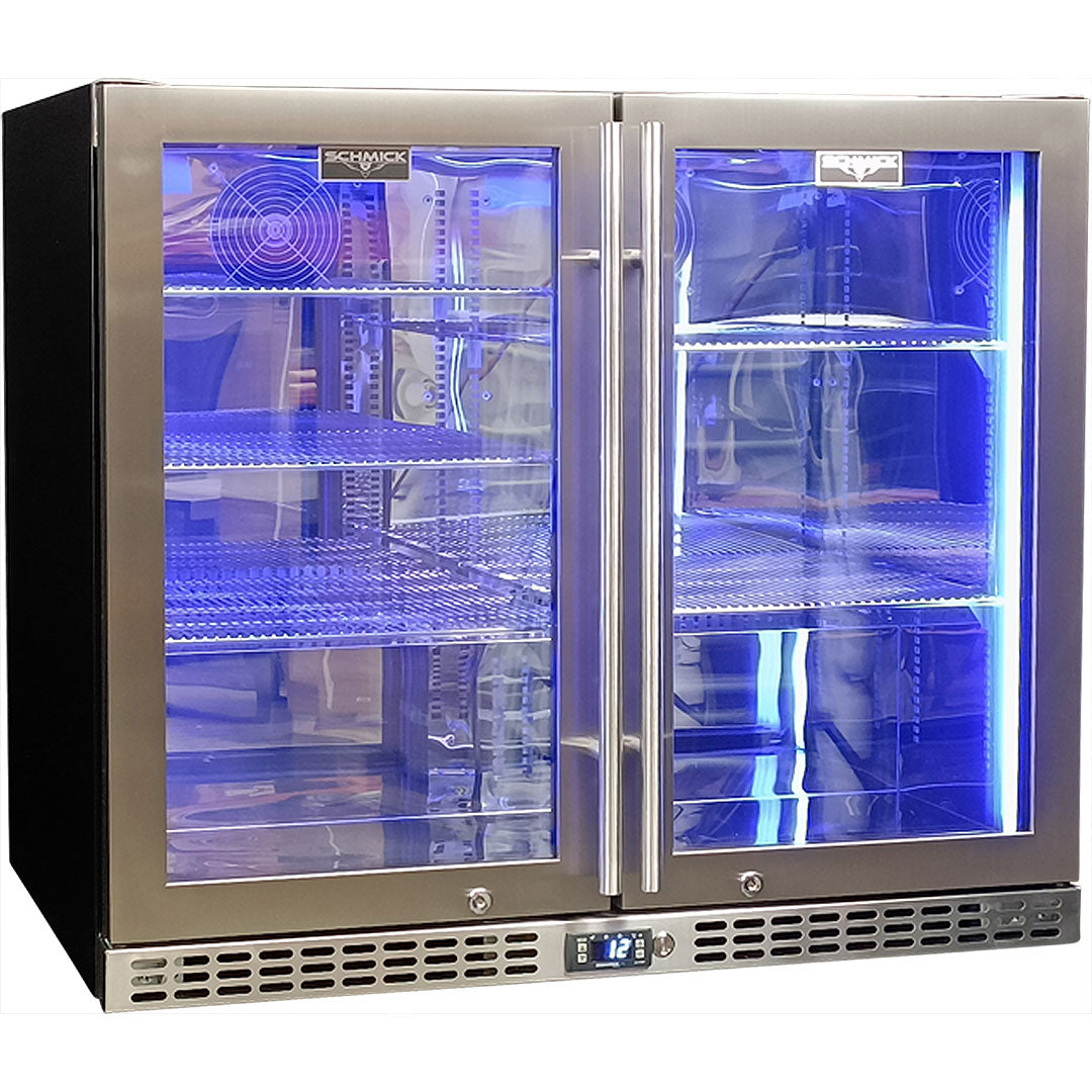 Schmick SK206-HD - Twin Door Quiet Running Stainless Steel Heated Glass Door Bar Fridge - Low Height